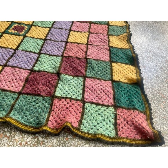 Vintage Granny Square Afghan squares blanket throw Mustard Pink Green Black Purp - Picture 8 of 10